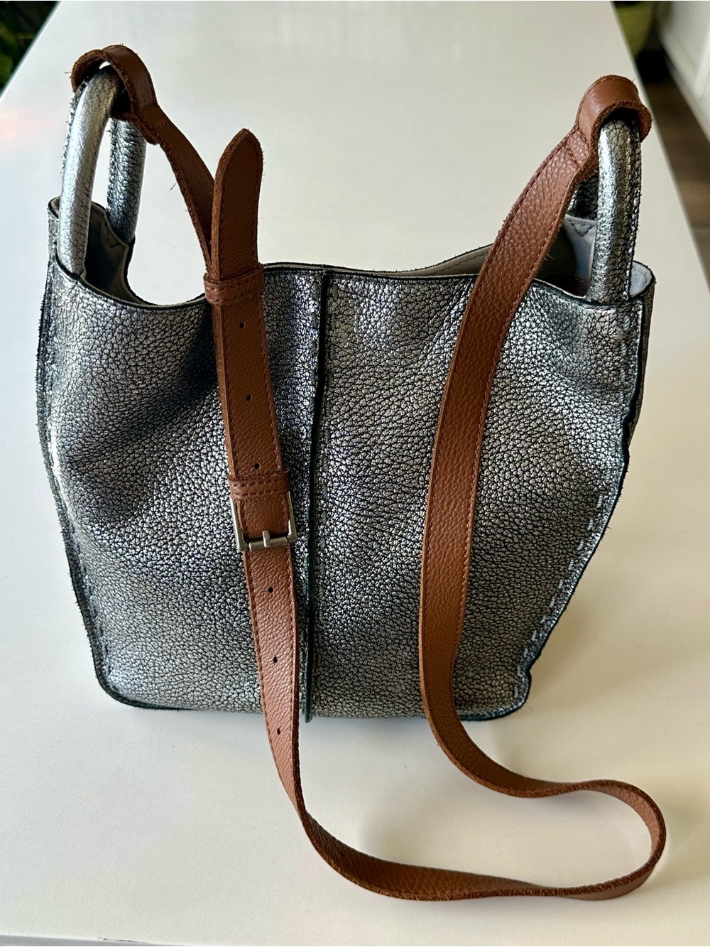 The Sak Los Feliz Metallic Silver Pebbled Bag with Adjustable Strap